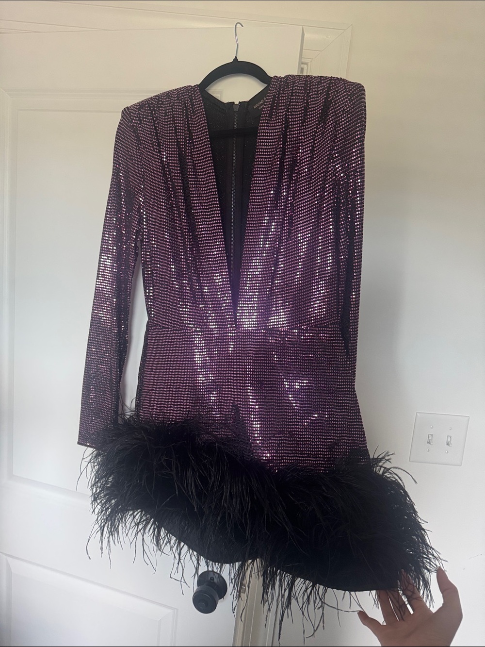 Bronx and Banco Purple Sequin Mini Dress with Black Feather Hem - Picture 6 of 11